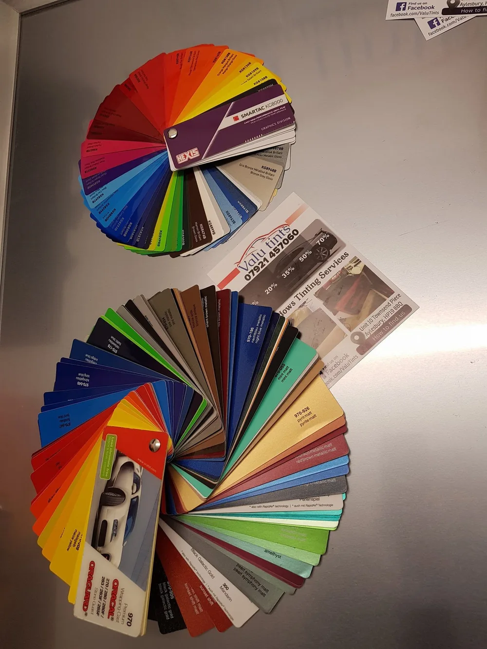 Vehicle wrap vinyl colour and finish samples at Valu Tints